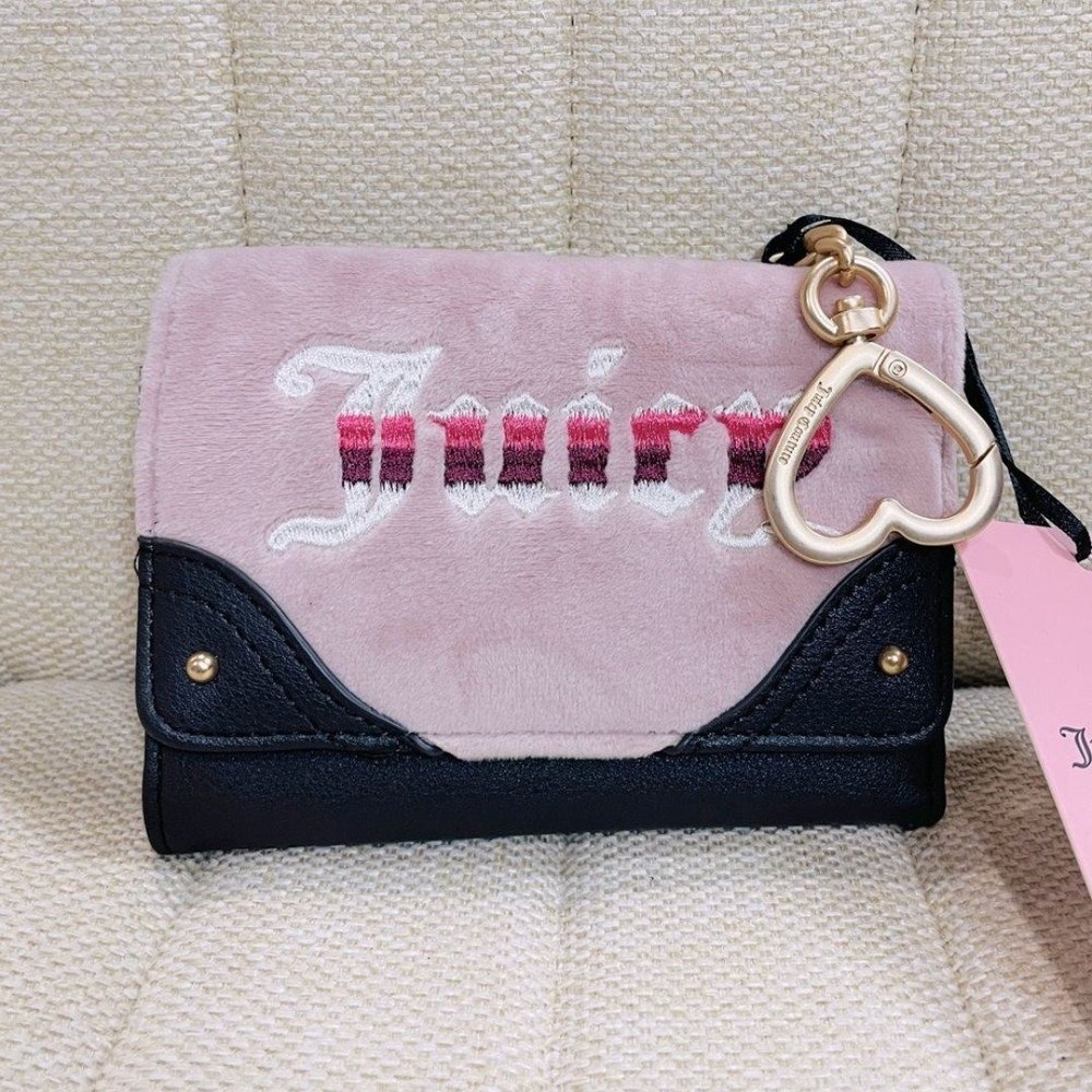 NEW Juicy Couture‎ Pink Velour Black Trifold Wallet Heart Clasp Gold Logo